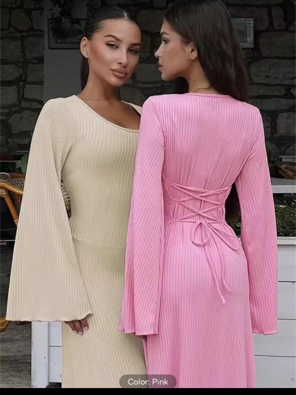 Soft Pink Ribbed Maxi Dress with Flared Bell Sleeves - Picture 2 of 4